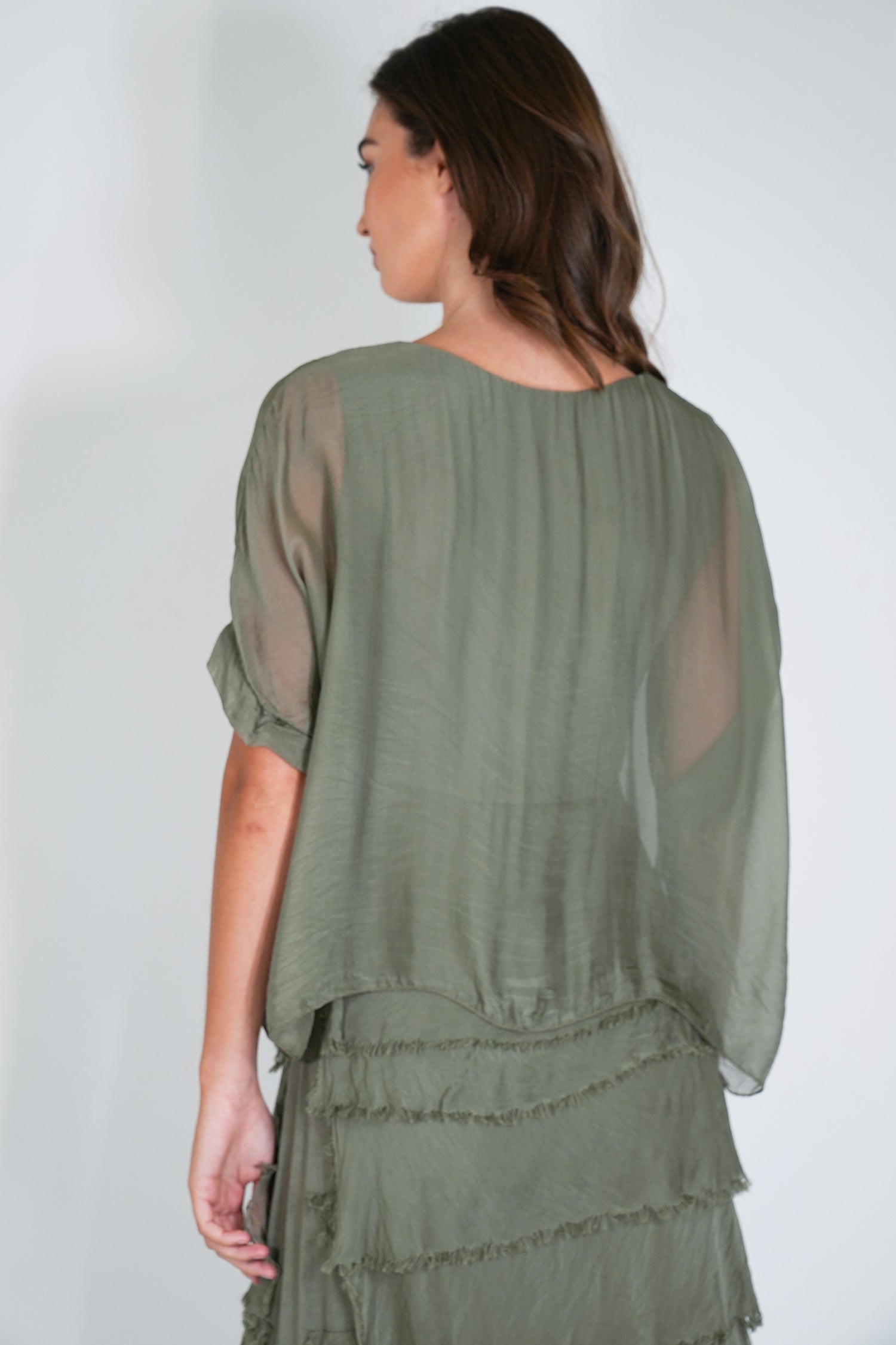 Olive Overlay Tier Silk Dress