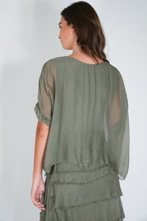 Olive Overlay Tier Silk Dress