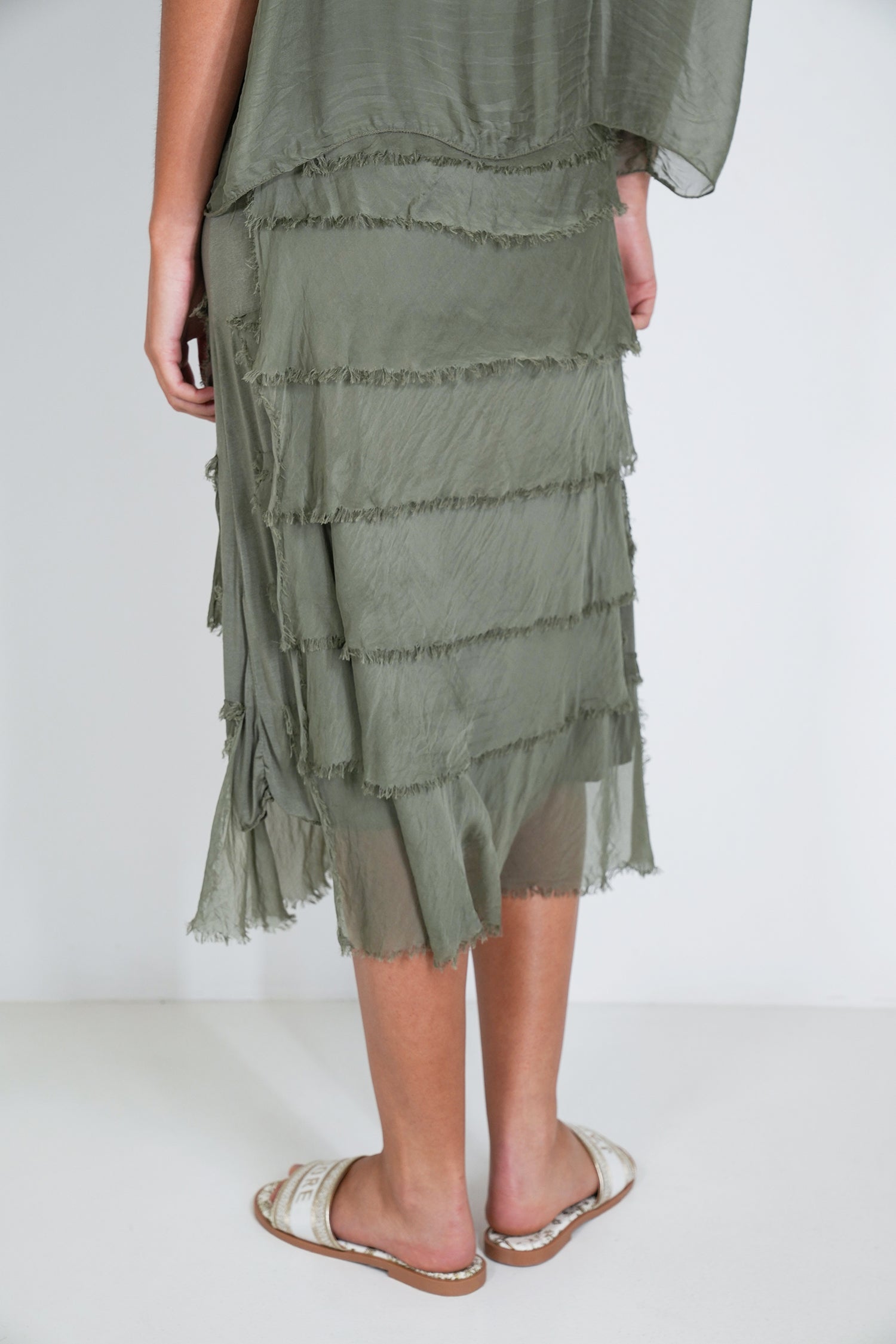 Olive Overlay Tier Silk Dress