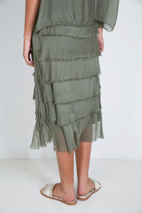 Olive Overlay Tier Silk Dress