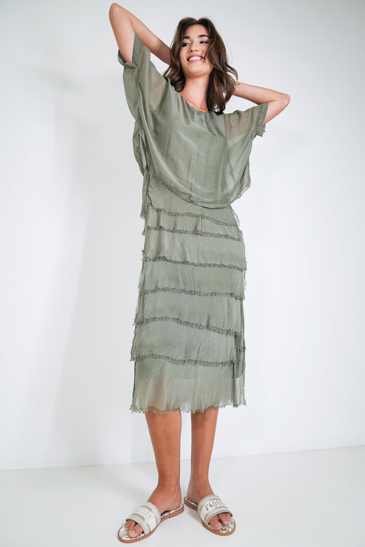 Olive Overlay Tier Silk Dress