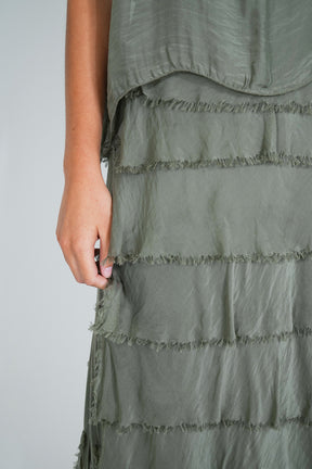 Olive Overlay Tier Silk Dress