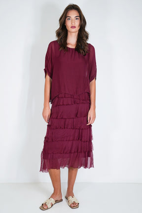 Burgundy Overlay Tier Silk Dress