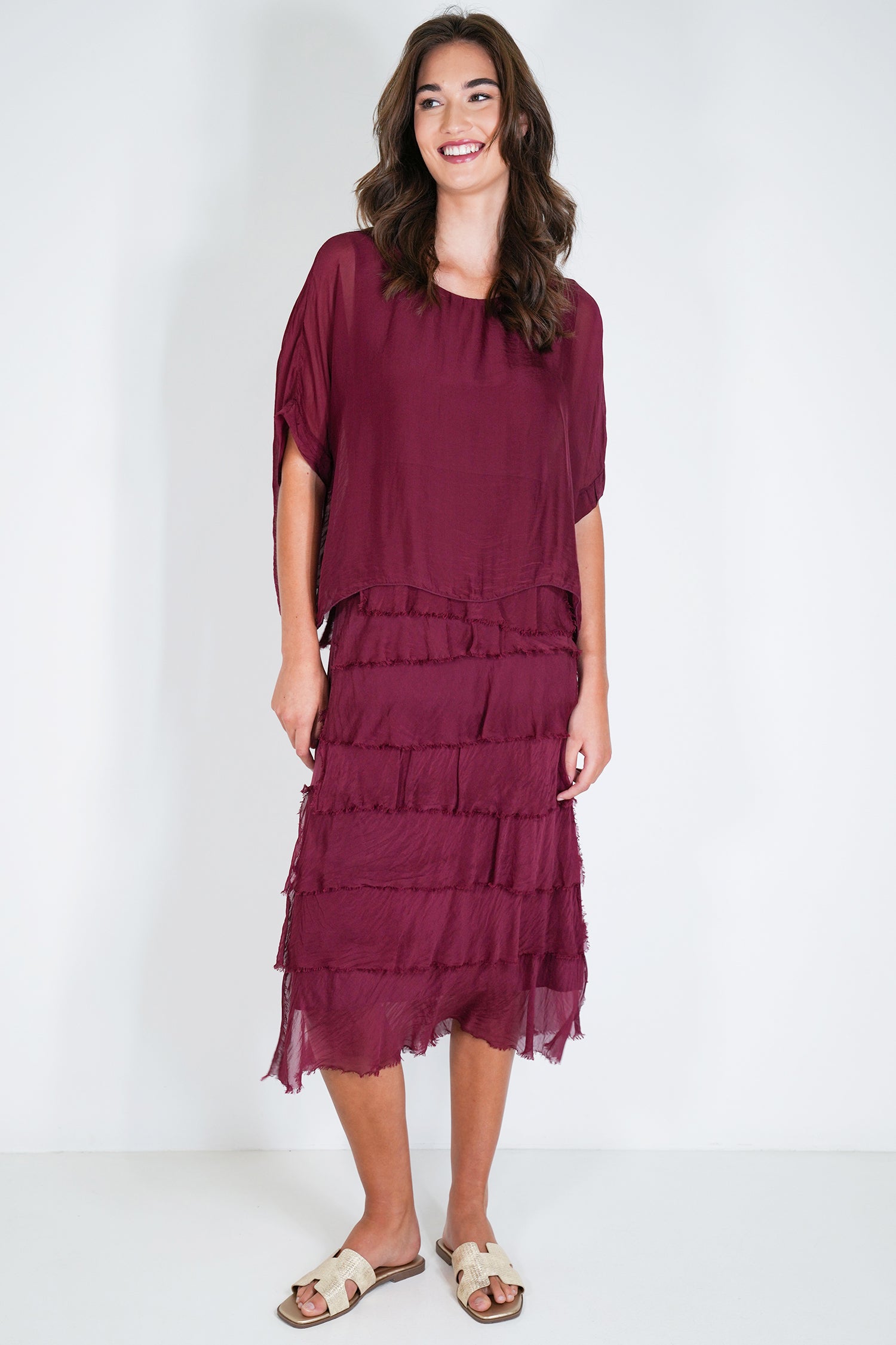 Burgundy Overlay Tier Silk Dress