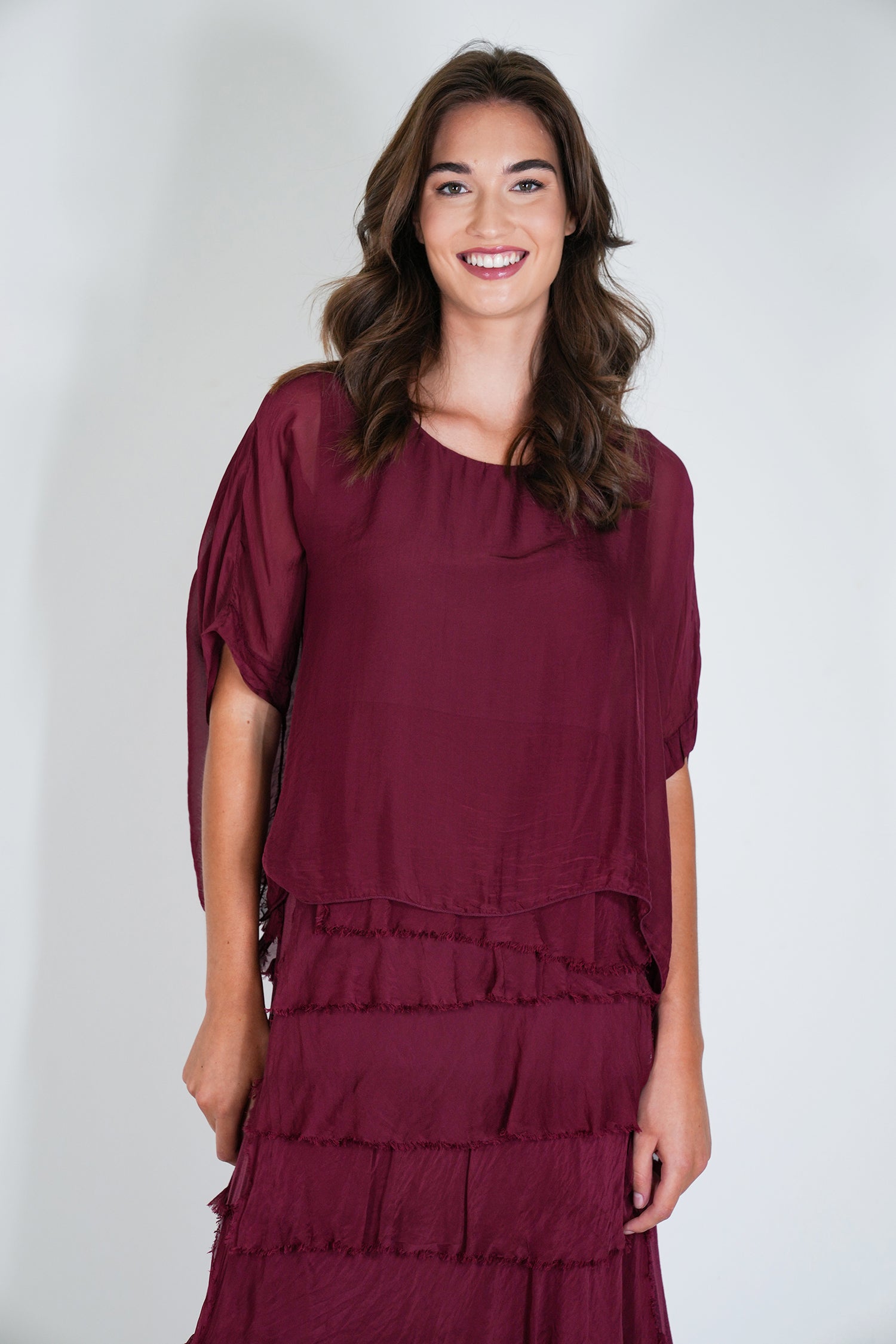 Burgundy Overlay Tier Silk Dress