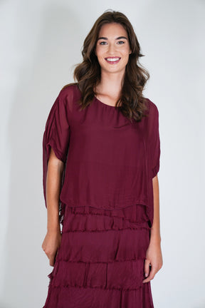 Burgundy Overlay Tier Silk Dress