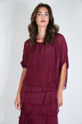 Burgundy Overlay Tier Silk Dress