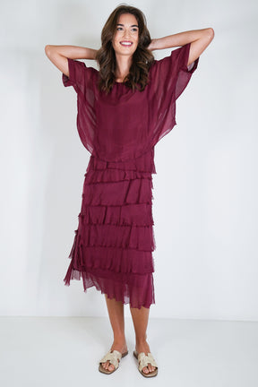 Burgundy Overlay Tier Silk Dress