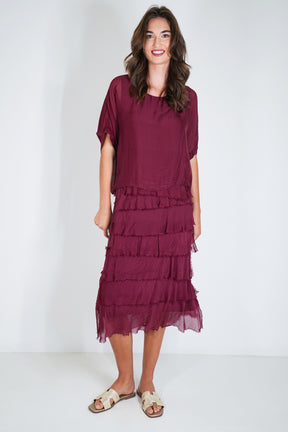 Burgundy Overlay Tier Silk Dress