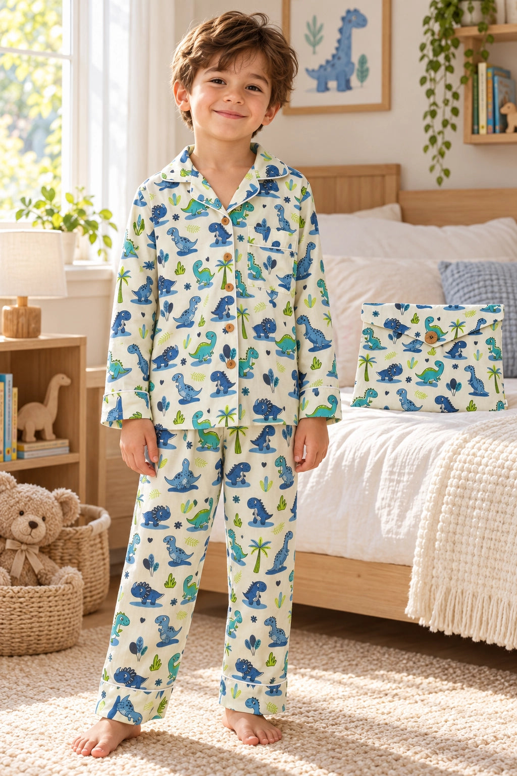 A young boy stands in a child's bedroom wearing a matching pajama set with a dinosaur print. The pajamas feature a cream background with blue, green, and yellow dinosaurs, and a matching pillowcase is visible on the bed behind him.