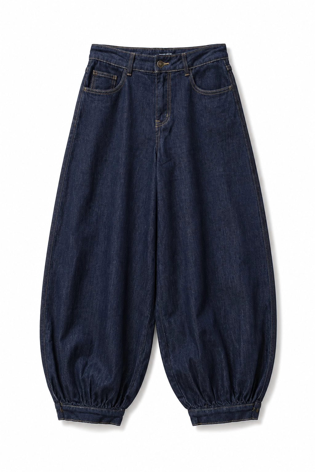 Dark indigo blue baggy denim pants with elastic cuffed hems, displayed flat against a white background.