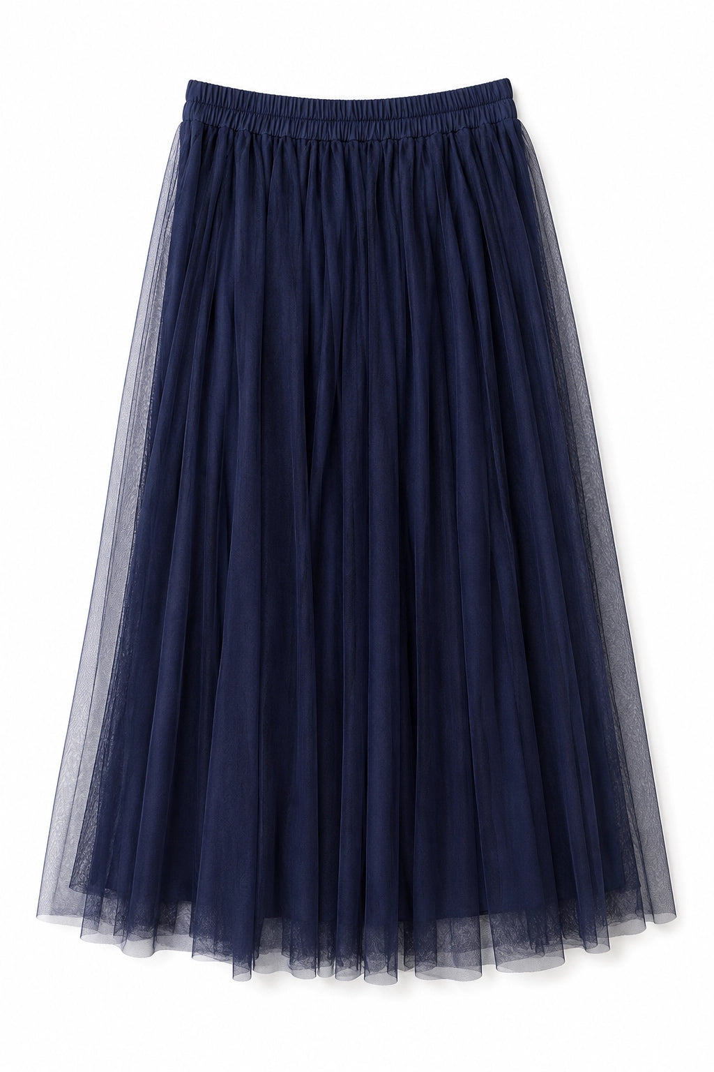 A navy blue pleated tulle midi skirt with an elastic waistband, shown against a plain white background.