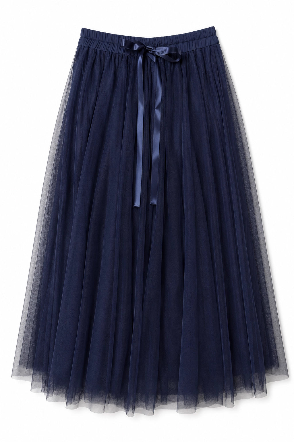 A navy blue tulle midi skirt with an elastic waistband and a matching satin bow, shown against a plain white background.