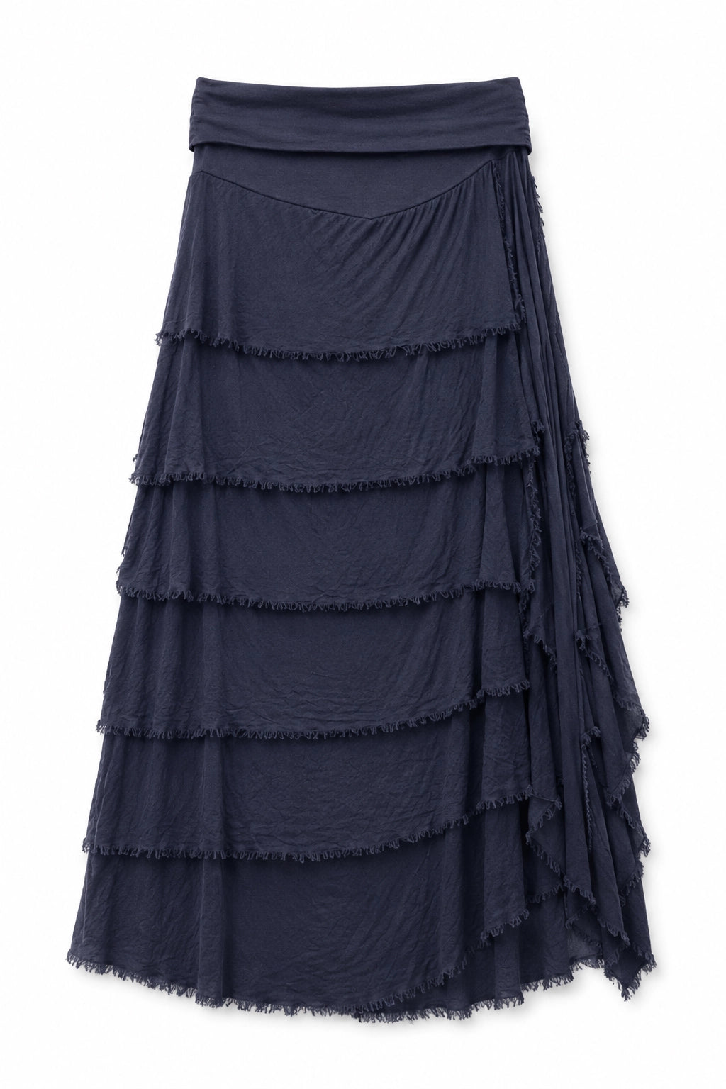 A dark navy blue tiered skirt with a wide waistband and frayed ruffle trim, shown against a plain white background.