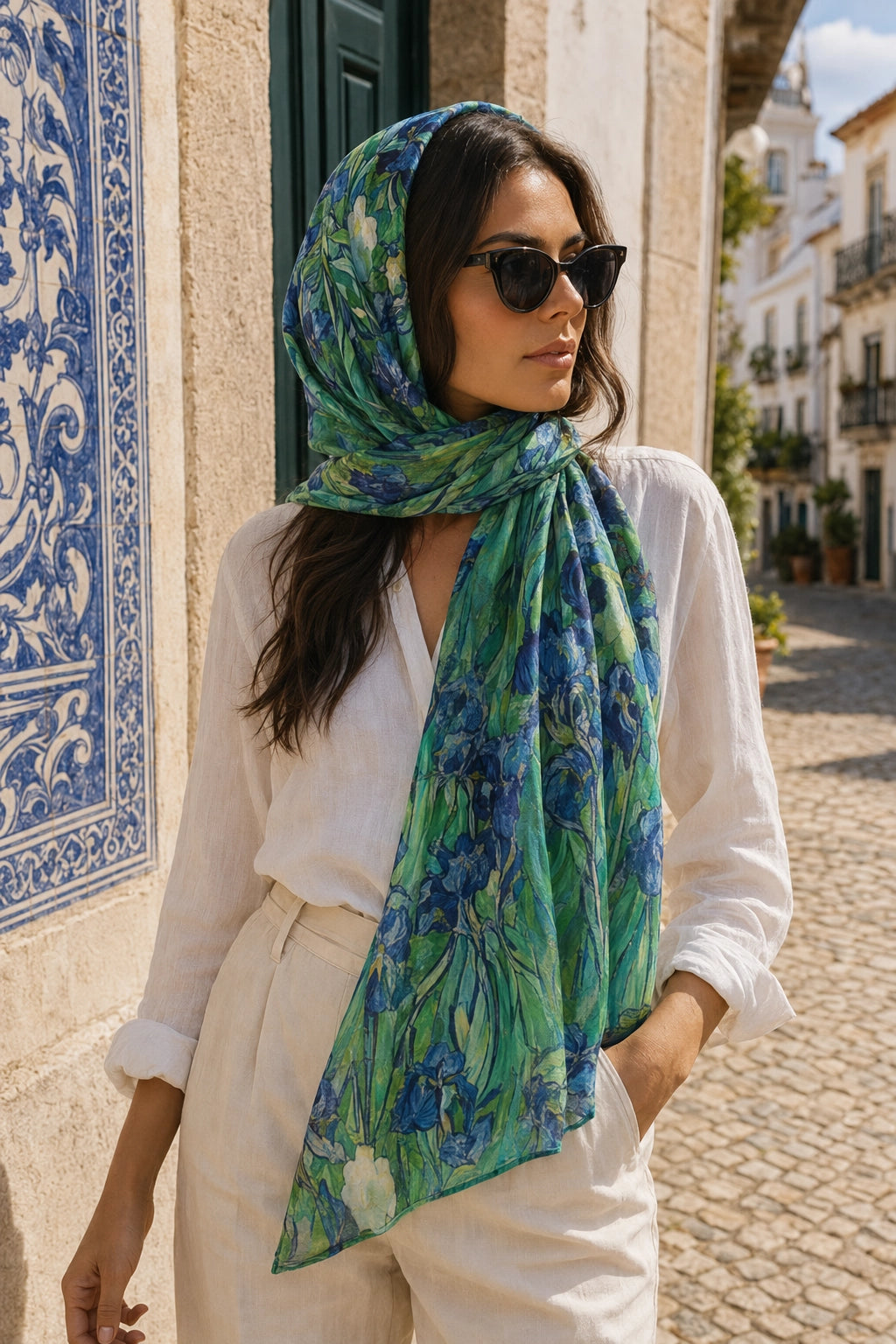 A woman wearing a green and blue floral patterned headscarf, a white blouse, and white trousers, standing outdoors on a cobblestone street next to a building with blue and white tilework.