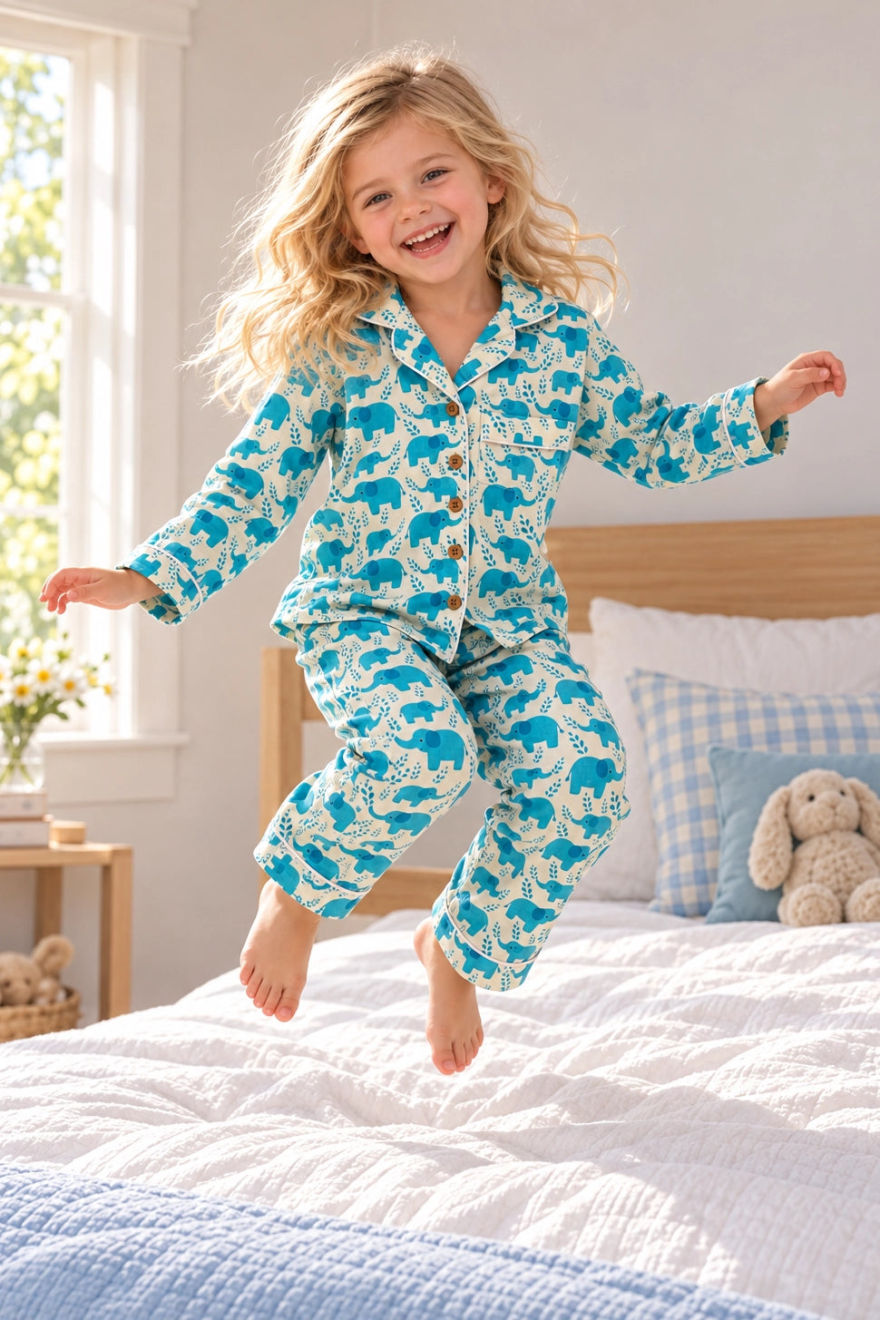 A young girl with blonde hair is jumping excitedly on a bed wearing a two-piece pajama set. The pajamas are light blue and white with a repeating pattern of cartoon elephants.