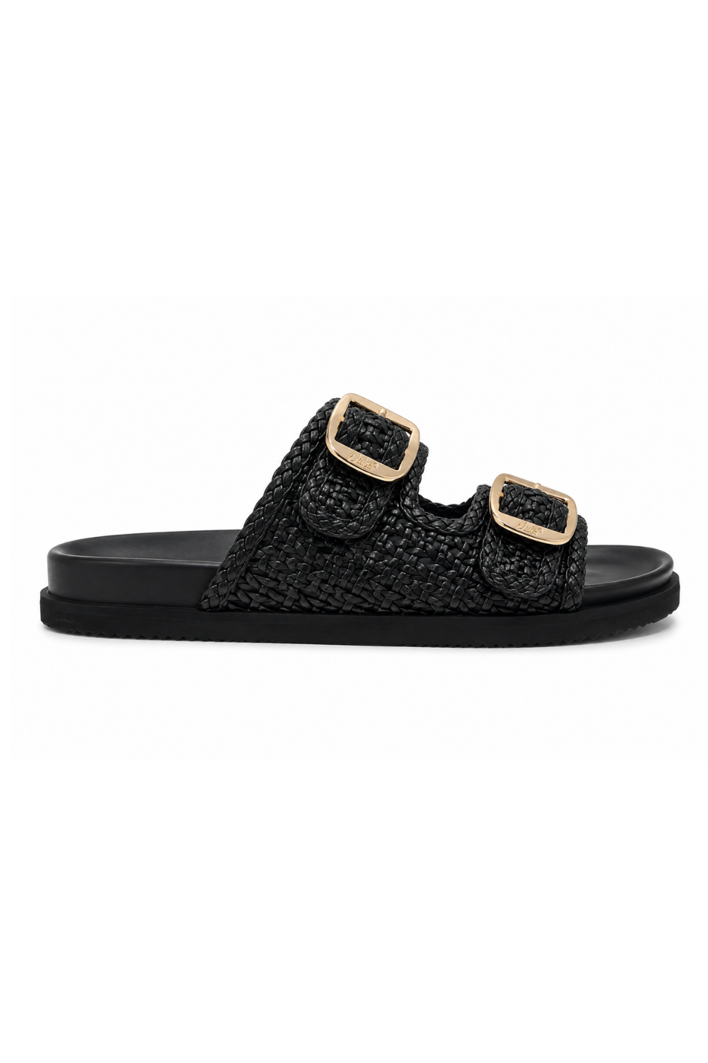 A single black woven slide sandal with two adjustable gold-tone buckle straps, shown in a side profile on a plain white background.