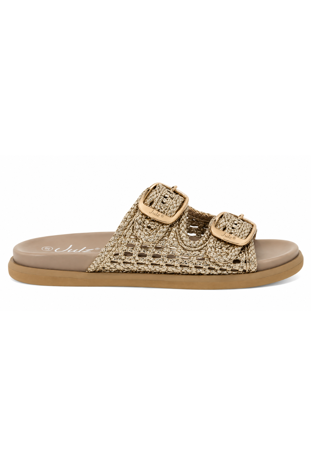 A single women's slide sandal shown in profile against a plain white background. The sandal features a tan woven upper with two prominent gold-tone buckle straps and a tan footbed with a tan sole.