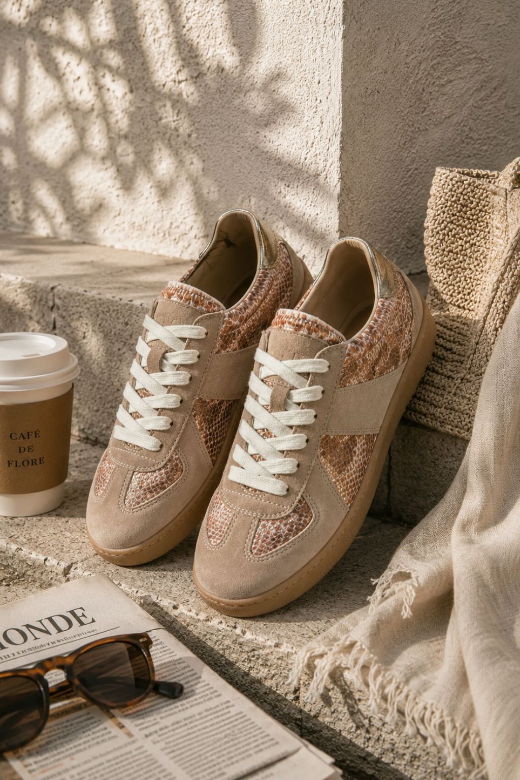 Pair of brown sneakers with white laces on a stone surface next to a newspaper and sunglasses.