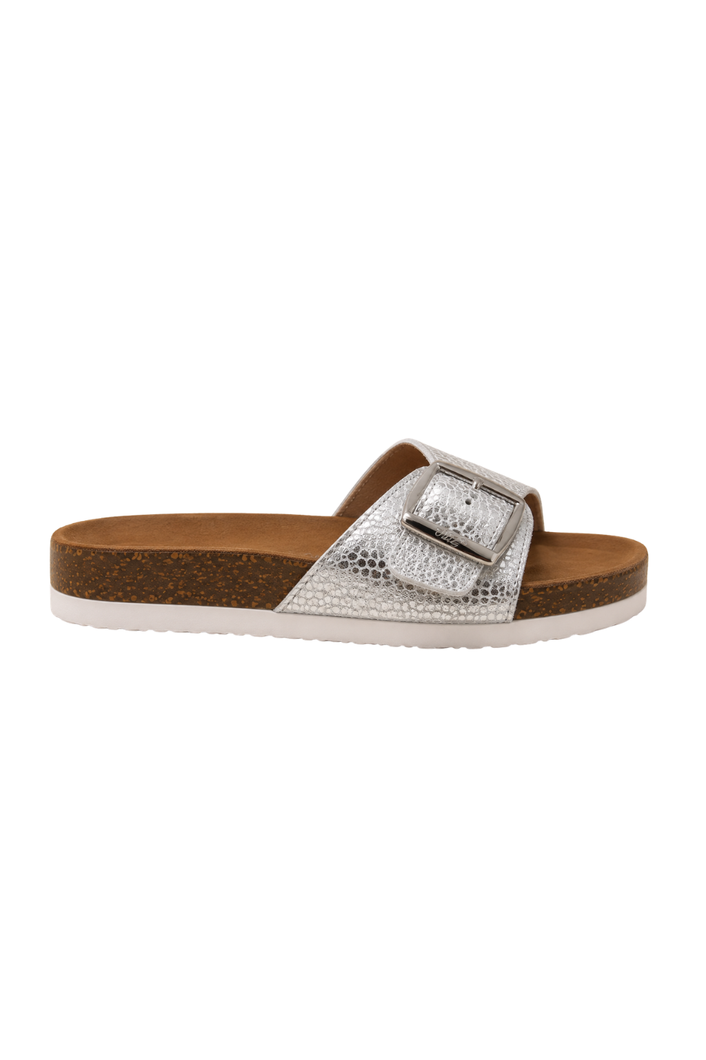 A single women's slide sandal with a textured silver metallic strap and a silver buckle, set on a brown cork-look midsole with a white outsole, shown against a plain white background.