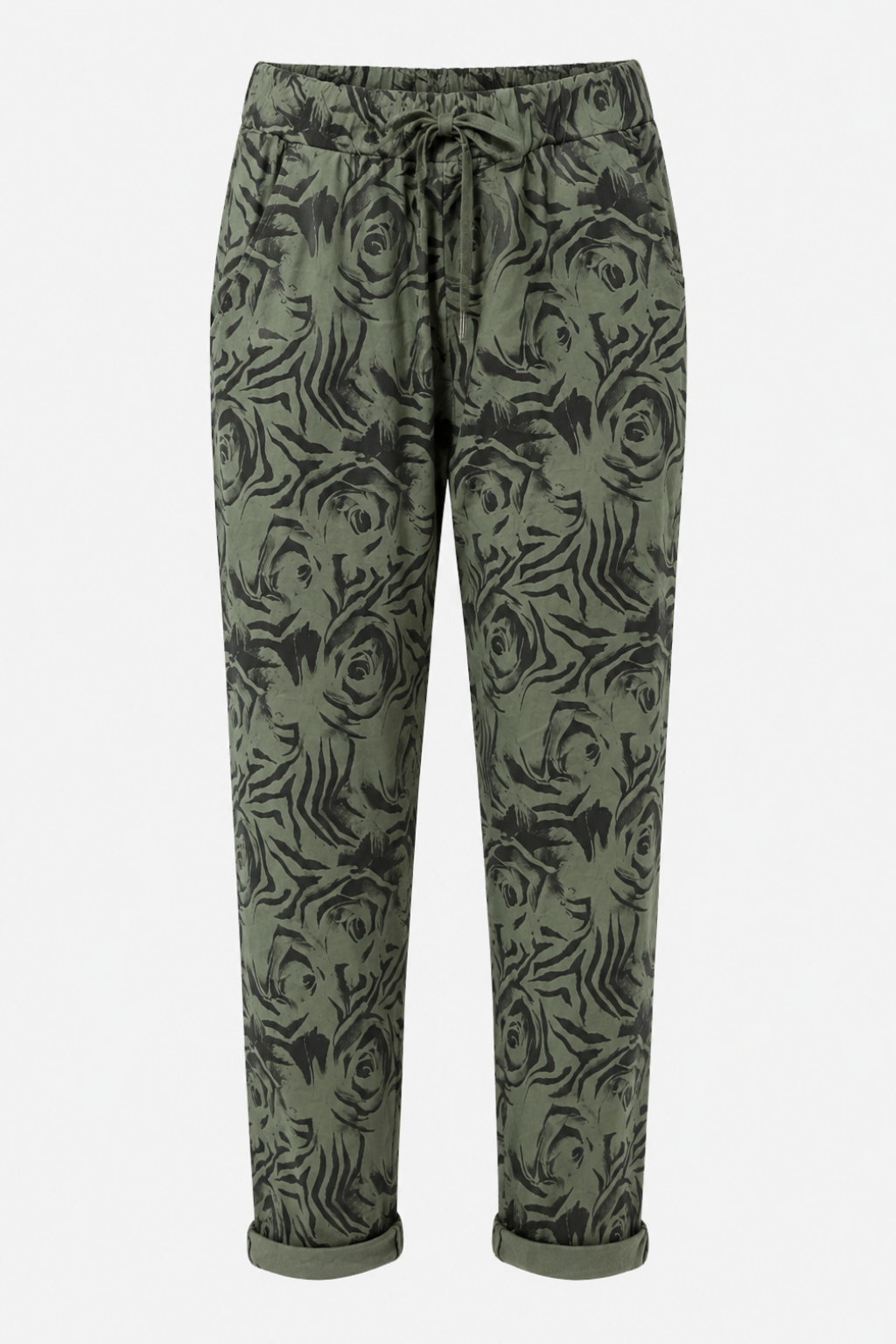 A pair of olive green drawstring trousers featuring an all-over black tiger print, shown against a plain light gray background.
