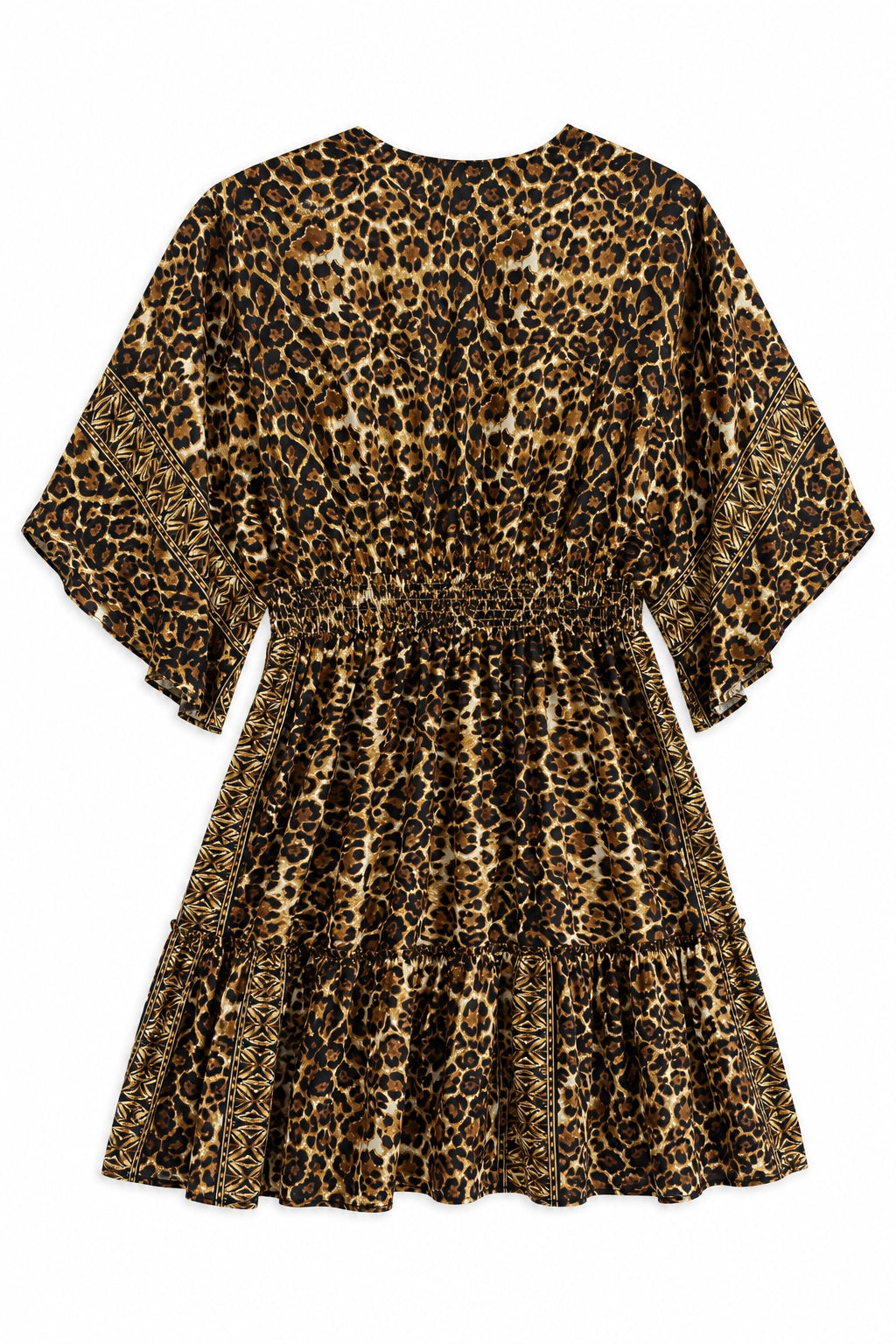 A short tiered dress with a leopard print pattern in brown, black, and beige, featuring a smocked waist and elbow-length sleeves, shown against a plain white background.