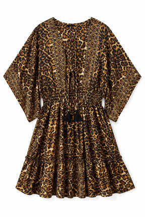 A leopard print dress with a tiered skirt and elbow-length sleeves, featuring a black tassel tie at the waist, shown against a plain white background.