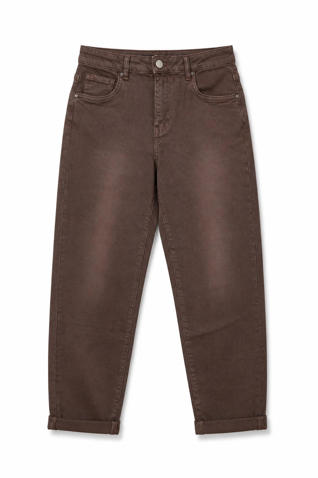A pair of dark brown slim-fit jeans with a faded wash, shown flat against a plain white background.