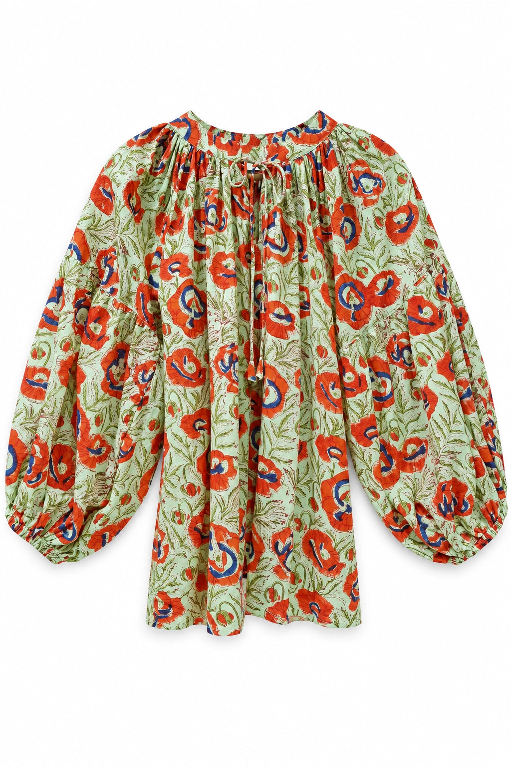Green and Coral Printed Cotton Blouse