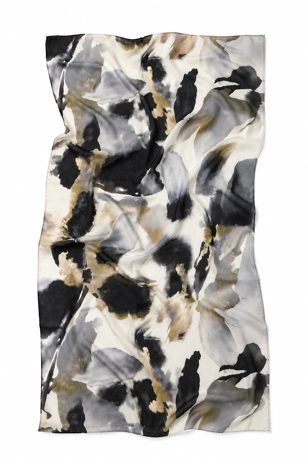 A lightweight scarf with an abstract watercolor floral pattern in black, gray, beige, and white, draped to show its soft texture and flow.