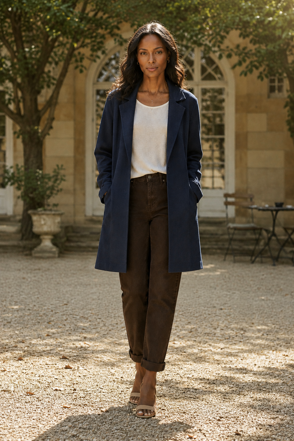 A woman stands outdoors in front of a stone building courtyard, wearing a navy blue coat over a white top and brown trousers.