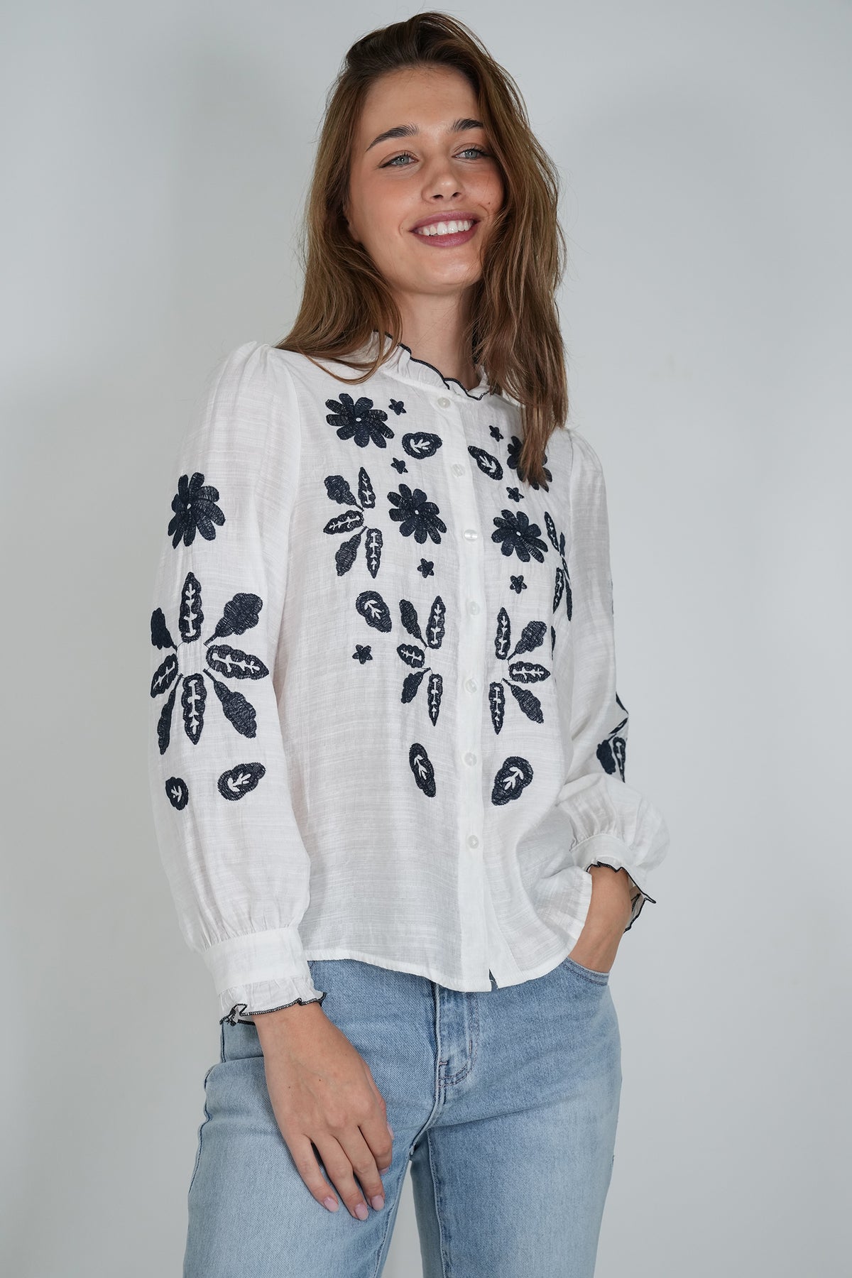 Navy Embroidered Viscose Shirt