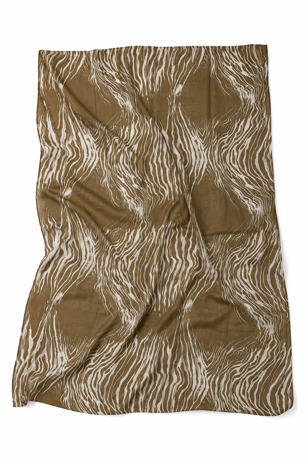 A rectangular fabric item, likely a blanket or throw, featuring an abstract wavy zebra-like pattern in brown and off-white, laid flat on a white background.