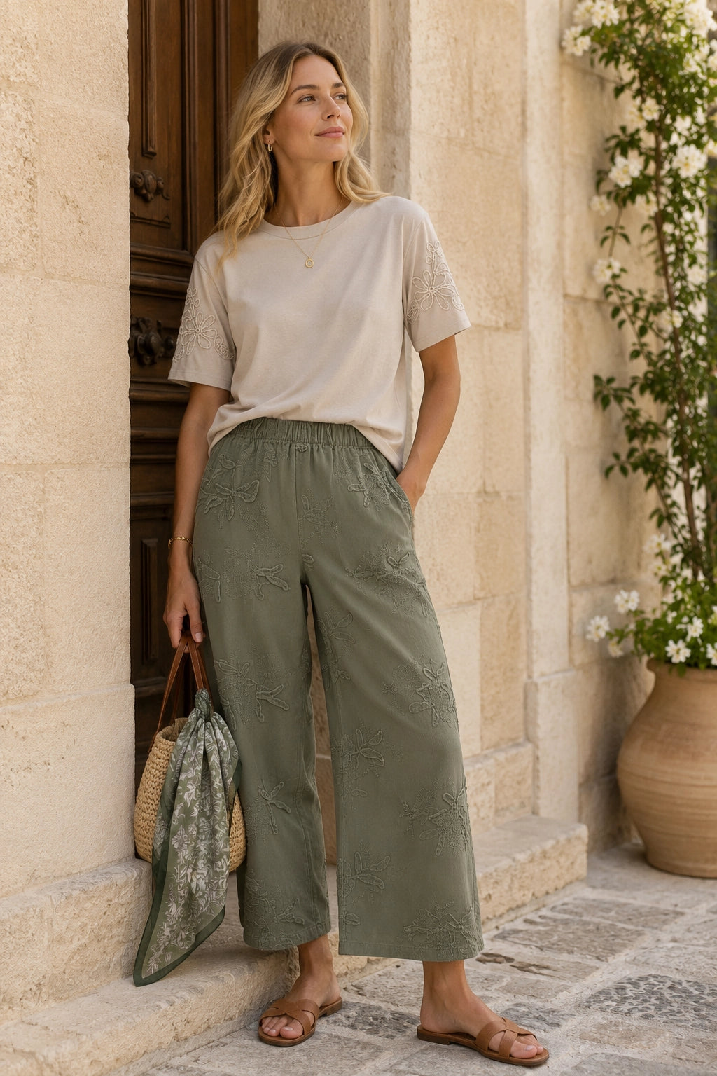 Olive Floral Appliqué Pant