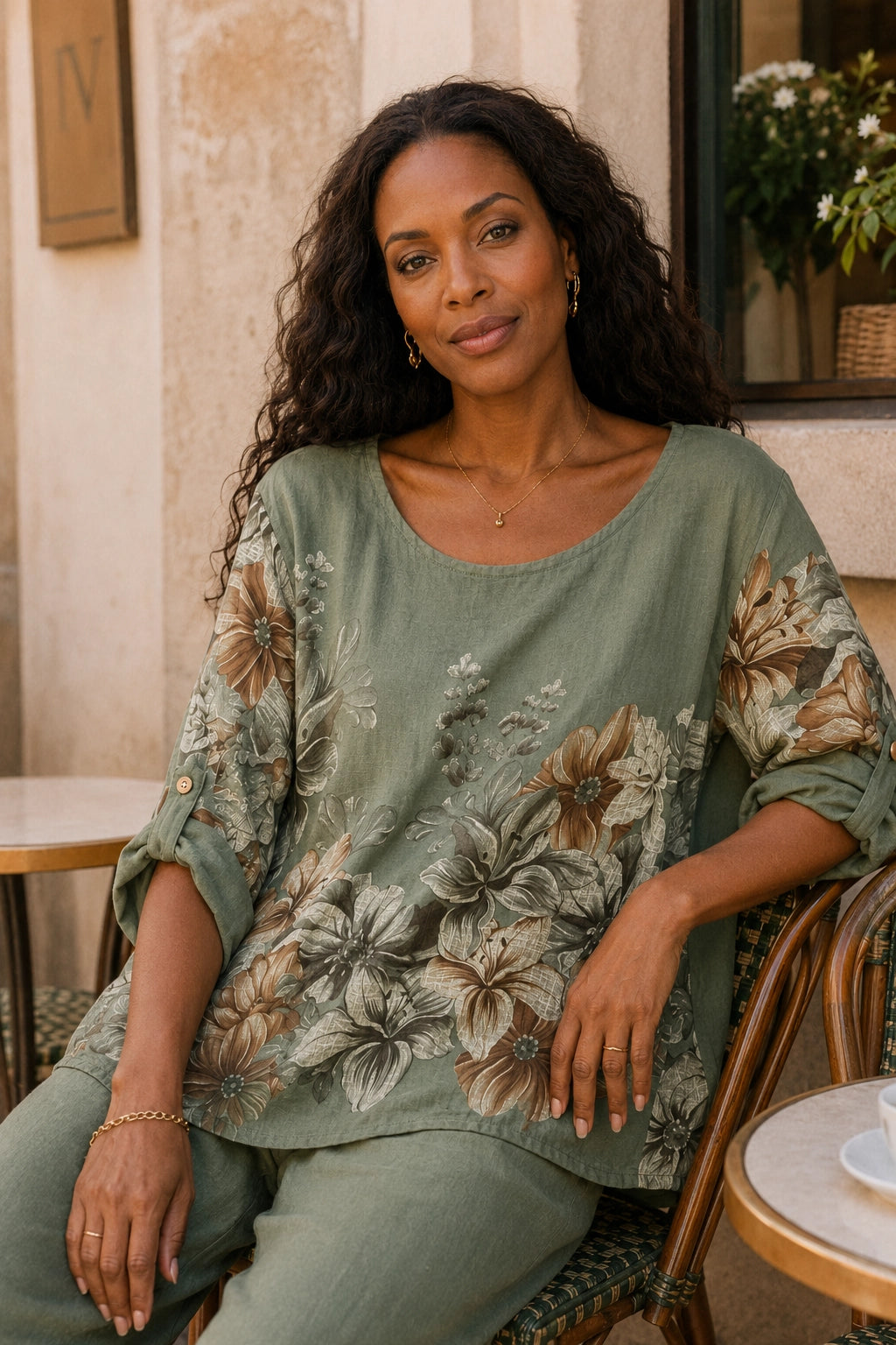 A woman with long curly dark hair sits at an outdoor cafe table wearing a sage green linen-blend top and matching pants. The top features a large floral print in brown, beige, and muted gray tones.