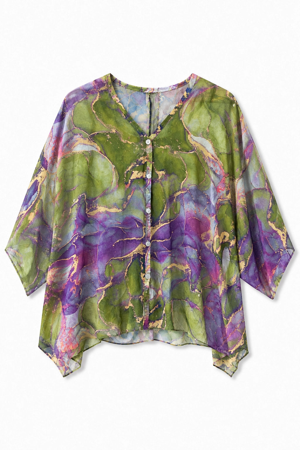 Olive Marble Print Silk Blouse