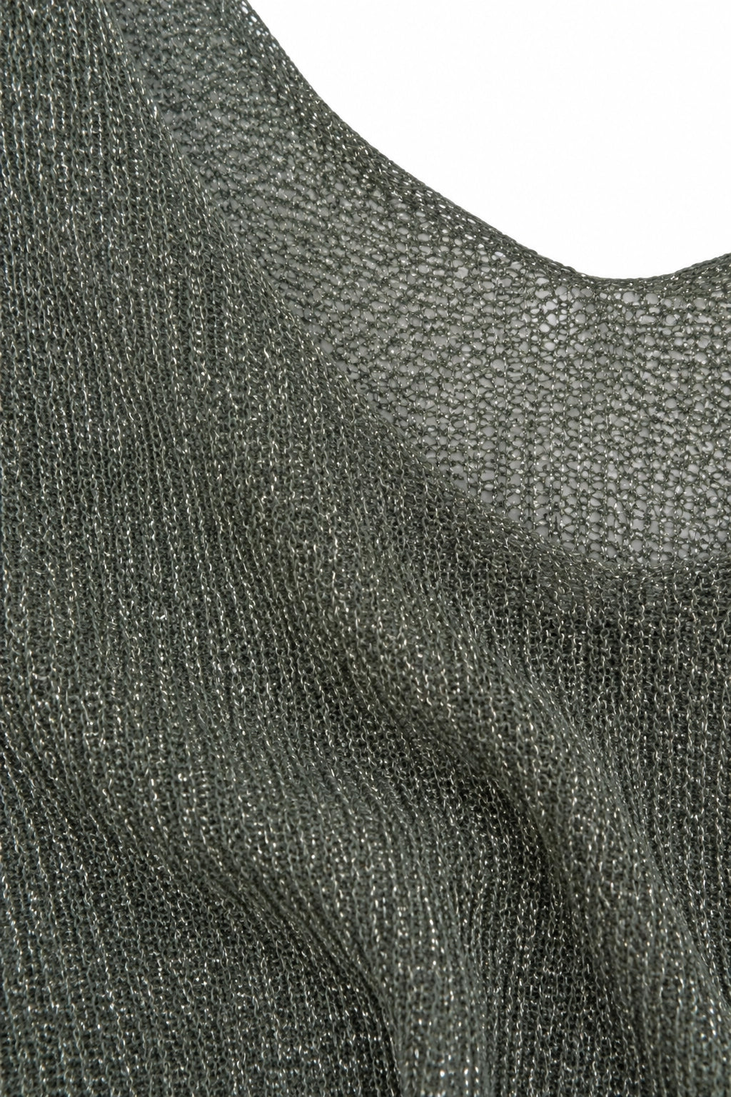 Close-up of a dark olive green textured knit fabric with a scoop neckline, showing the fine mesh pattern against a white background.