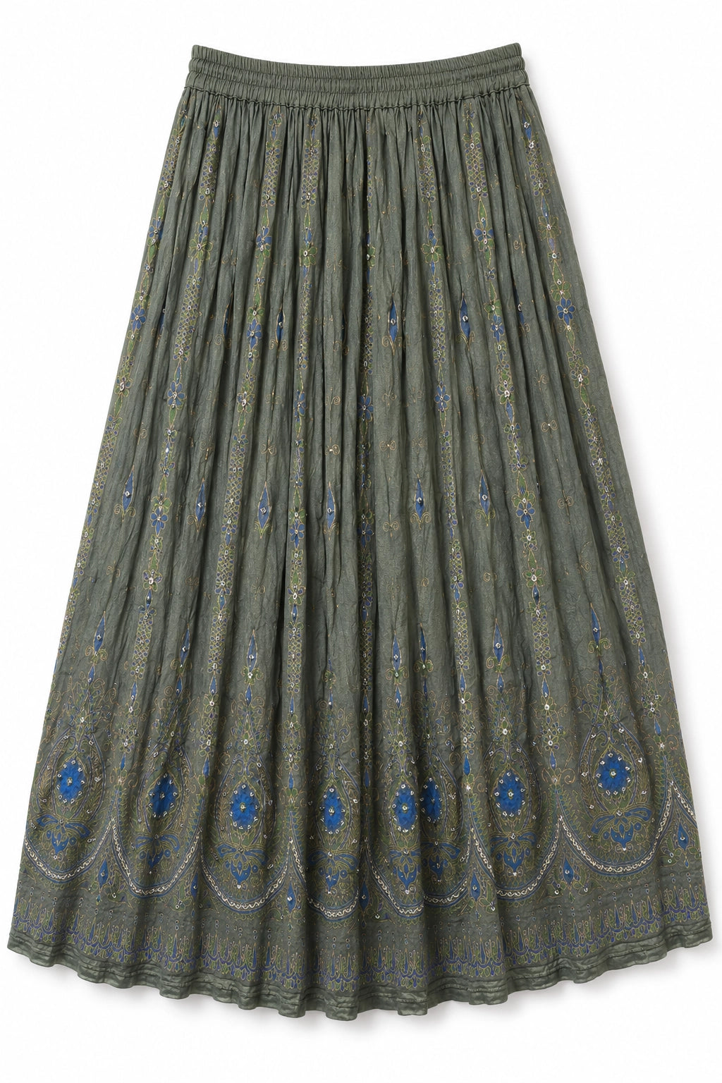 An olive green pleated midi skirt with blue and gold embroidered floral patterns and a scalloped border, shown against a plain white background.