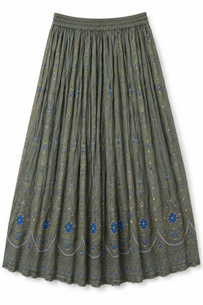An olive green pleated midi skirt with blue and gold embroidered floral patterns and a scalloped border, shown against a plain white background.