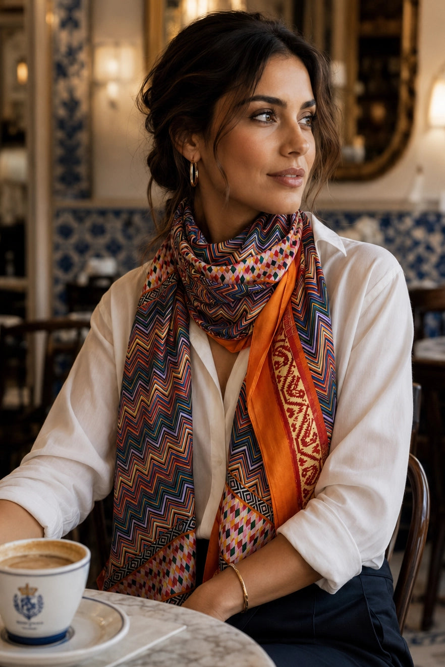 A woman wearing a white button-up shirt and a vibrant orange scarf with a multicolor geometric and tribal pattern, sitting in a cozy cafe setting.