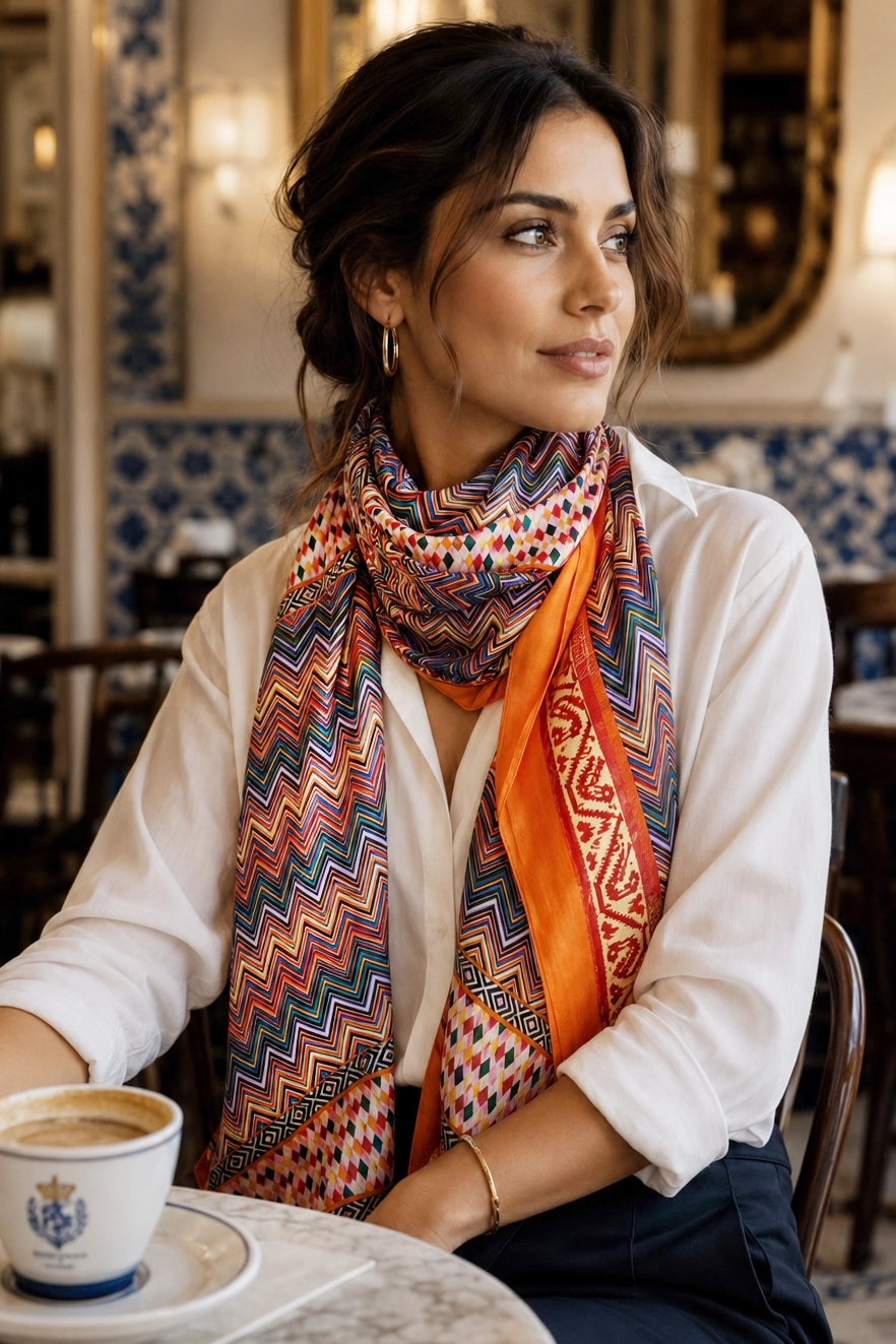Orange ZigZag Print Silk Scarf