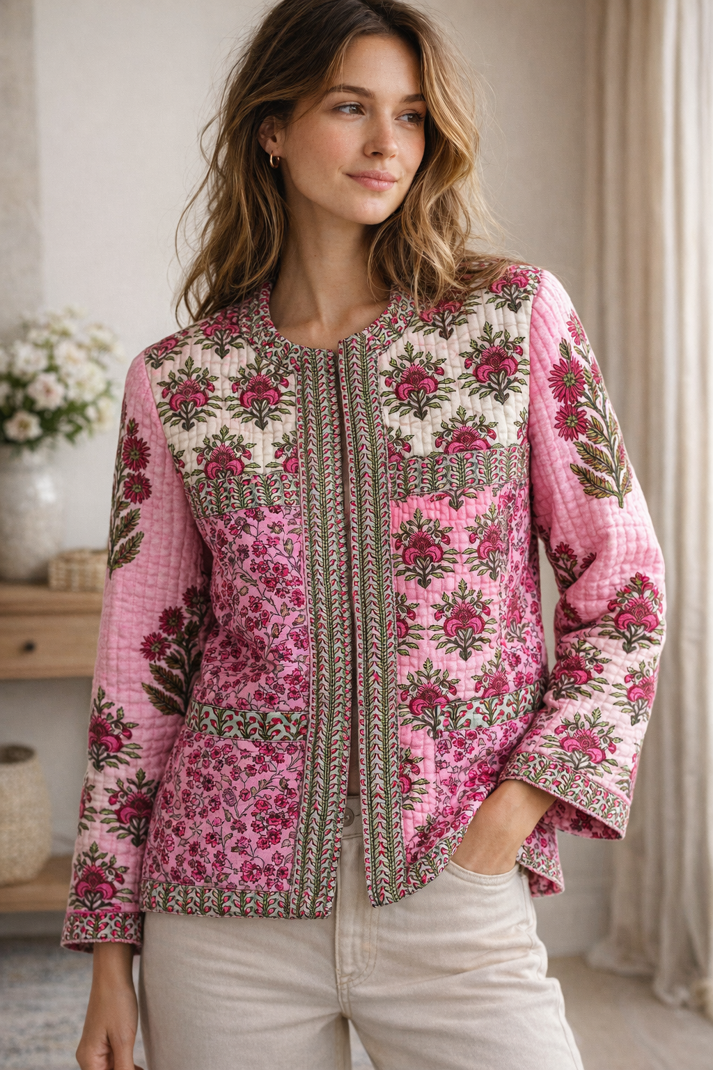 Woman wearing a pink floral patterned jacket indoors