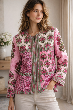 Woman wearing a pink floral patterned jacket indoors