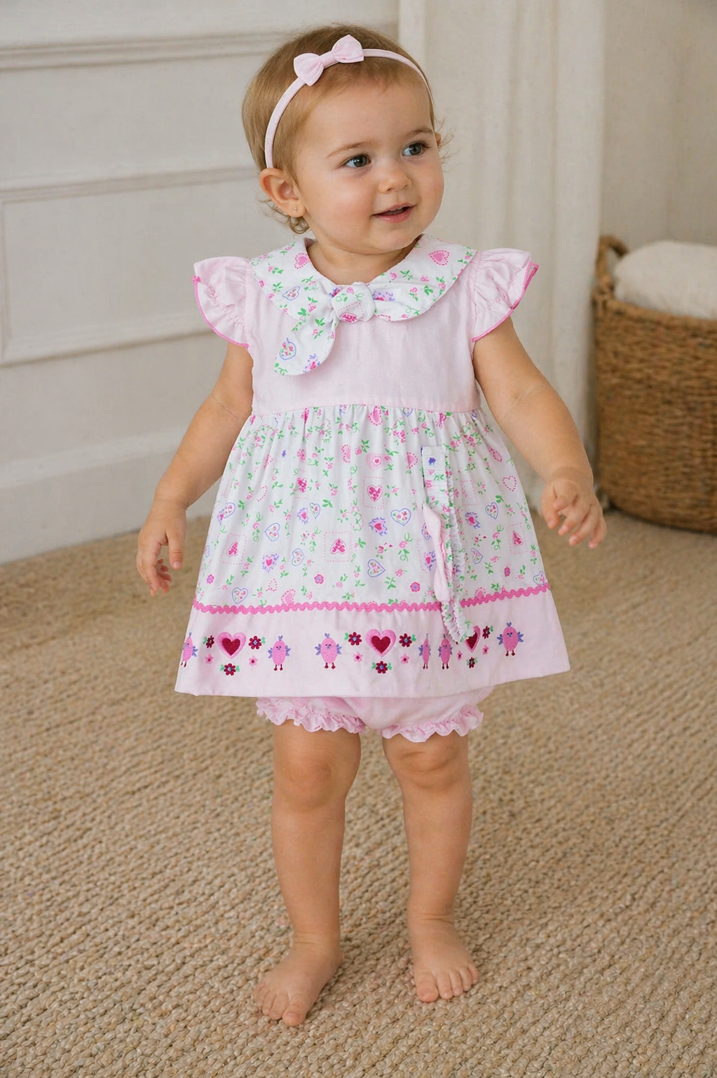 Baby girl in a floral dress standing on a carpeted floor.