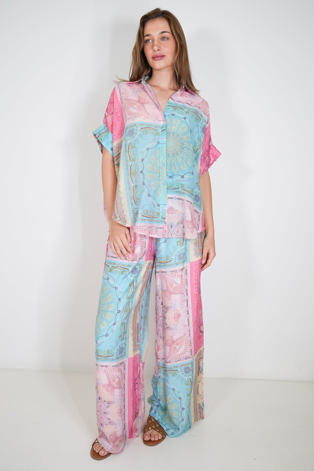 Pink and Turquoise Print Blouse
