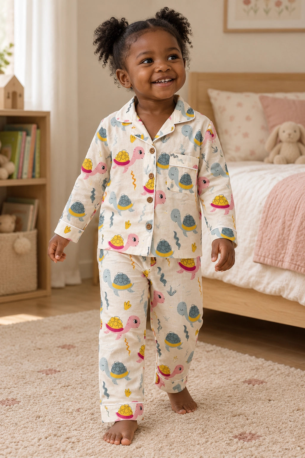 A young child wearing a two-piece pajama set with a colorful cartoon print, standing in a cozy bedroom setting.