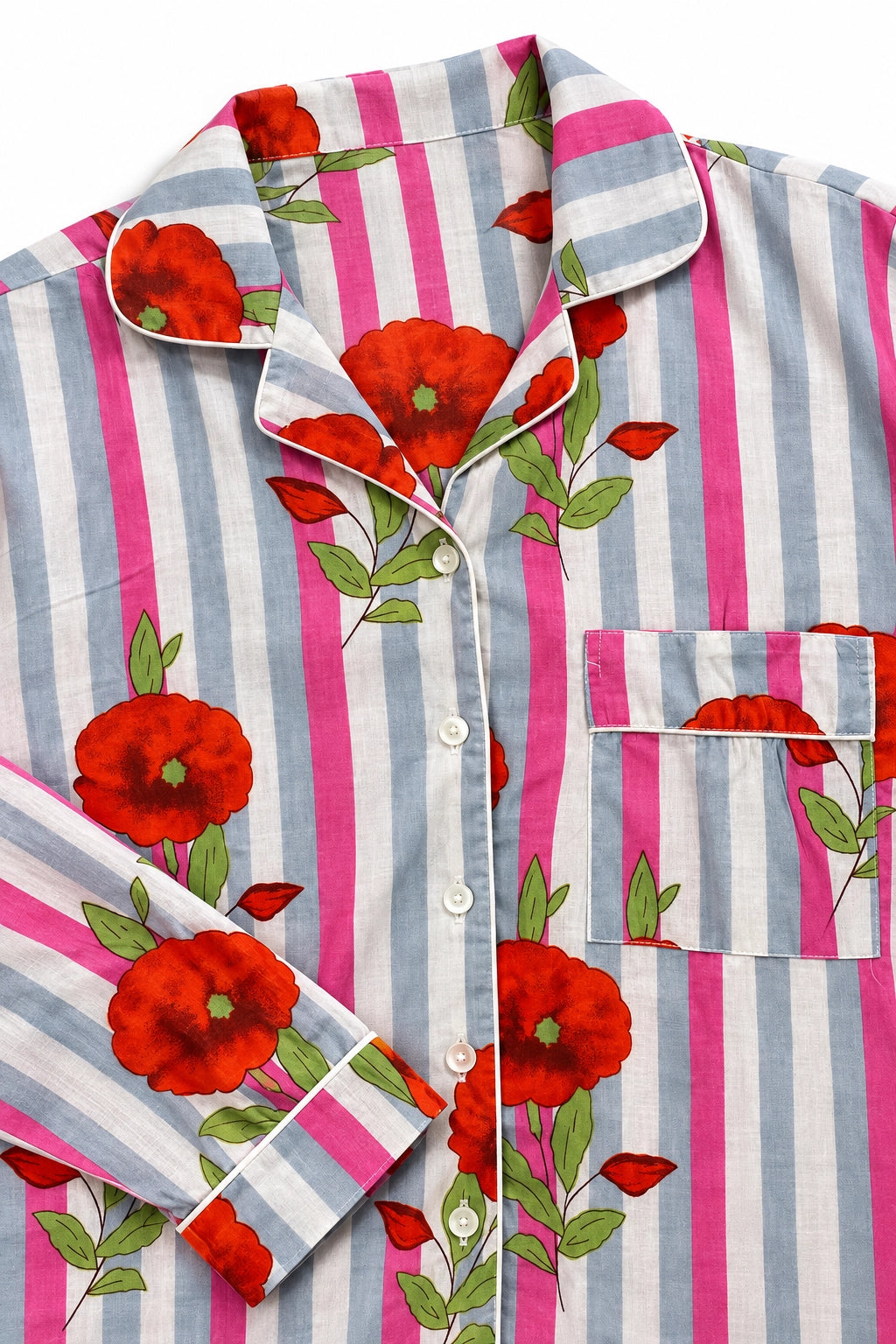 Pink Striped Red Flower Cotton Long Sleeve PJ