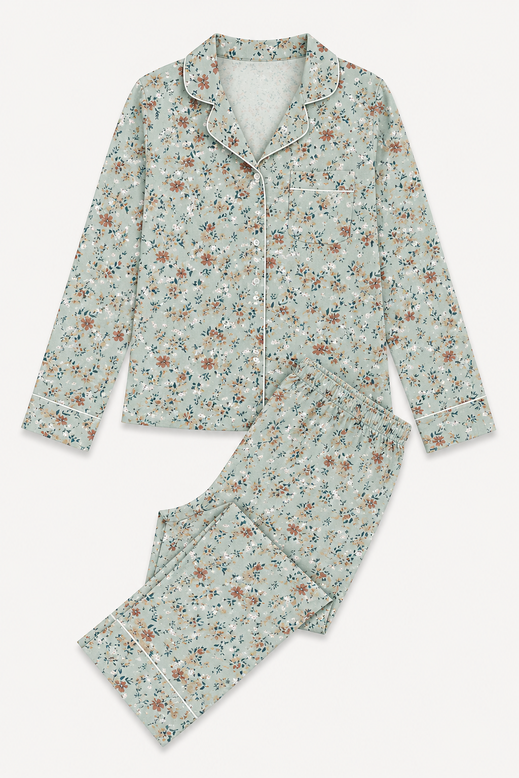 A two-piece pajama set featuring a long-sleeve button-front top and matching pants, both in a light sage green fabric with a dense small floral print in muted orange, blue, and brown tones, laid flat against a white background.