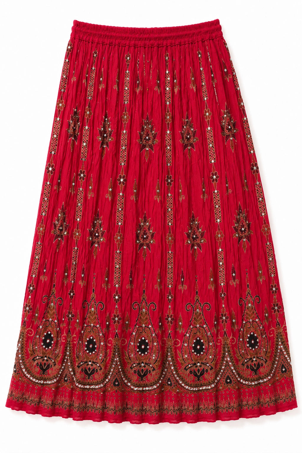 A red pleated midi skirt with intricate black and gold paisley and floral embroidery, featuring an elastic waistband.