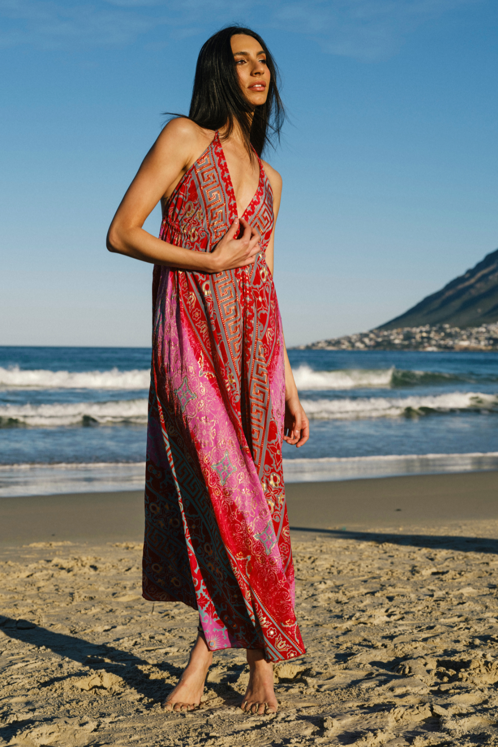 Red and Grey Grecian Halter Dress